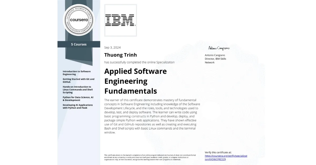 Coursera · IBM certificate — Applied Software Engineering Fundamentals